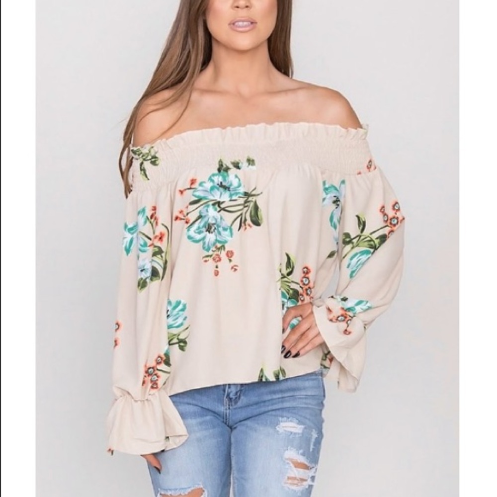 Beige & Blue Floral Bell-Sleeve Off Shoulder Top